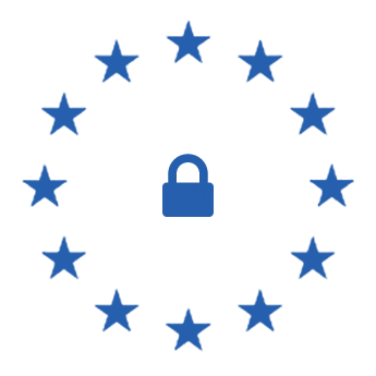 A blue padlock is surrounded by a circle of twelve blue stars on a light background, symbolizing data protection and security within the European Union.