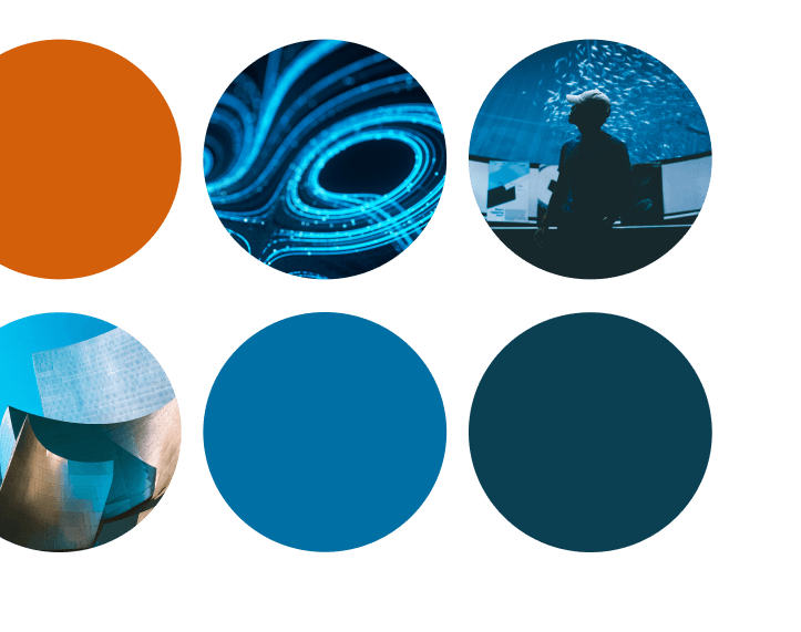Six circles are arranged in two rows. The top row features an orange circle, abstract blue neon light patterns, and a silhouette of a person with a computer—hinting at Cority or IQS technology. The bottom row shows a building, a blue circle, and a dark teal circle.