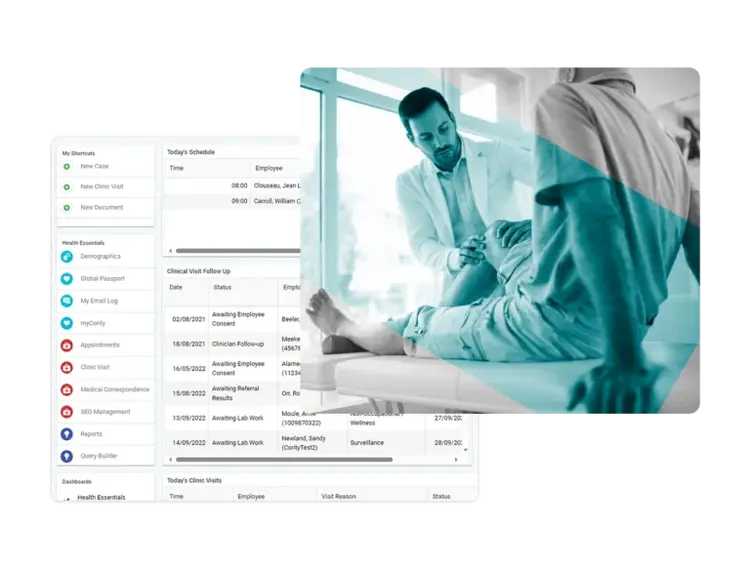 A doctor examines an elderly patient’s arm in a clinical setting. Behind them, a semi-transparent overlay of a digital health dashboard—integrated with Industrial Hygiene Software—displays icons and medical data on patient visits and schedules.