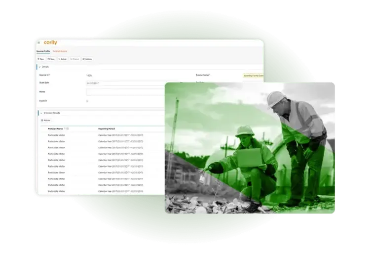 A screenshot of a software dashboard listing procedure results, overlaid with a green-tinted photo of two construction workers examining plans at a job site, highlights advanced environmental management solutions in action.