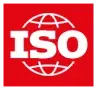 ISO logo: White letters ISO in bold on a red background, with a white outlined globe behind the text, representing the International Organization for Standardization.
