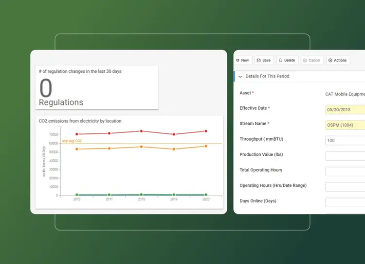 A dashboard displays a line graph of CO2 emissions by location from 2015 to 2019, plus a regulation tracker with zero changes. On the right, an editable form collects equipment and operating details for effective environmental management solutions.