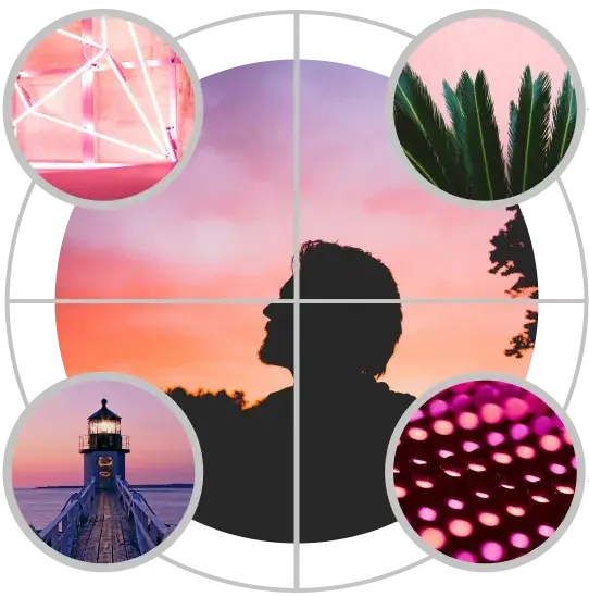 A circular collage with a silhouette of a person against a colorful sunset in the center, surrounded by four smaller circles showing neon lights, palm leaves, Enviance-inspired hues at dusk near a lighthouse, and pink bokeh lights.