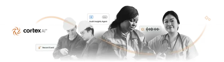 A diverse group of professionals use digital devices, featuring Cortex AI and EHS AI branding with icons for Record Event, Audit Insights Agent, and a soundwave, symbolizing technology assisting various fields.