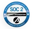 A circular SOC 2 compliance badge with blue outer ring and stars, displaying SOC 2 and SERVICE ORGANIZATION in the center, along with a black and white logo and the text EXAMINED BY 360 ADVANCED.