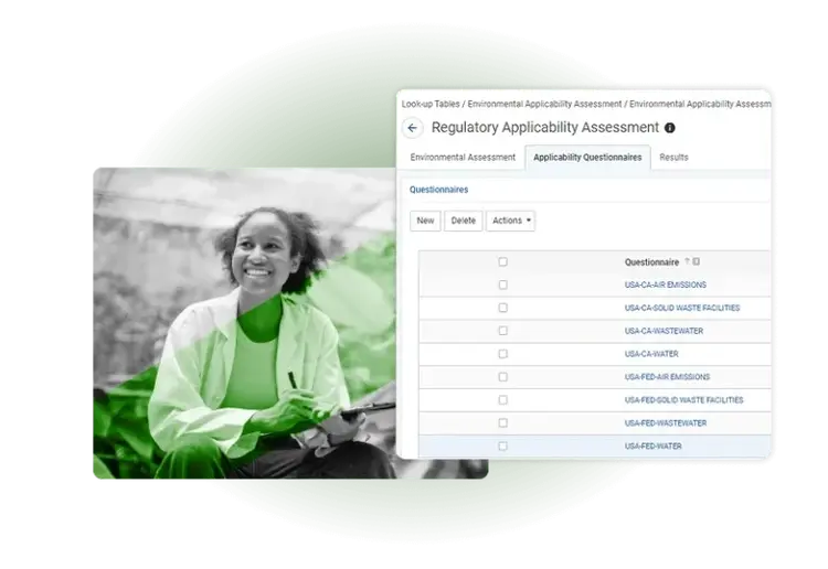 A smiling person holding a tablet sits outside, overlaid with a green translucent shape. Next to them is a screenshot of an Environmental management solutions software interface titled “Regulatory Applicability Assessment” showing questionnaires.