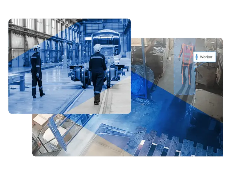 Two images of industrial settings: one shows a worker in safety gear walking near machinery in a warehouse; the other highlights how EHS technology enables AI to identify a worker with a blue box and label reading Worker.