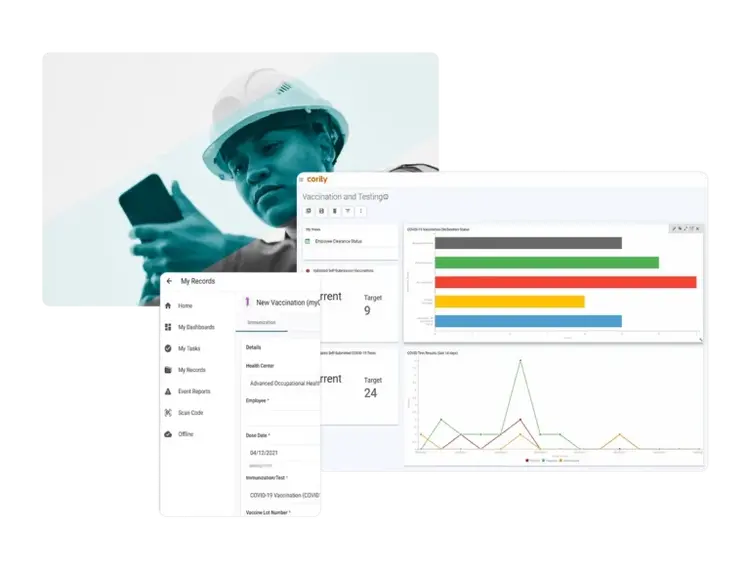 A person in a hard hat uses a mobile device. Overlaid are screenshots of an industrial hygiene software dashboard with charts, graphs, and a menu related to vaccination and testing records, suggesting workplace health management.