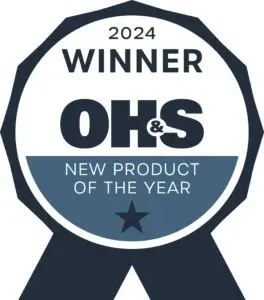 A badge-shaped graphic with 2024 Winner at the top, OH&S in bold in the center, and New Product of the Year with a star at the bottom. The design is in dark and light blue tones.