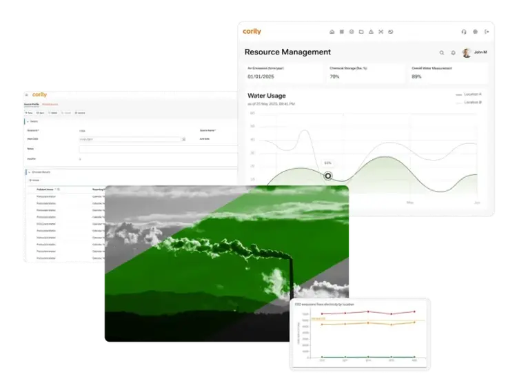 A collage of dashboard screens showing resource management data, water usage graphs, and emission statistics illustrates environmental management solutions, with a black-and-white photo of clouds and hills partially overlaid with a green stripe.