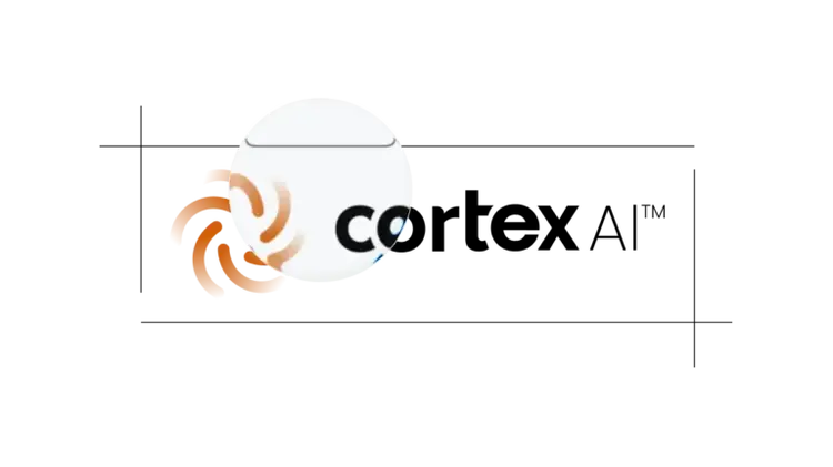 Logo for cortex AI EHS Software featuring a stylized orange swirl on the left and modern black text on the right, displayed on a light background with thin alignment lines.