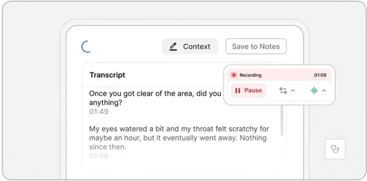 A digital interface powered by ehs ai displays a transcript of recorded audio with a pop-up showing Recording at 1 minute 9 seconds and the Pause button highlighted. Options for Context and Save to Notes are also visible.