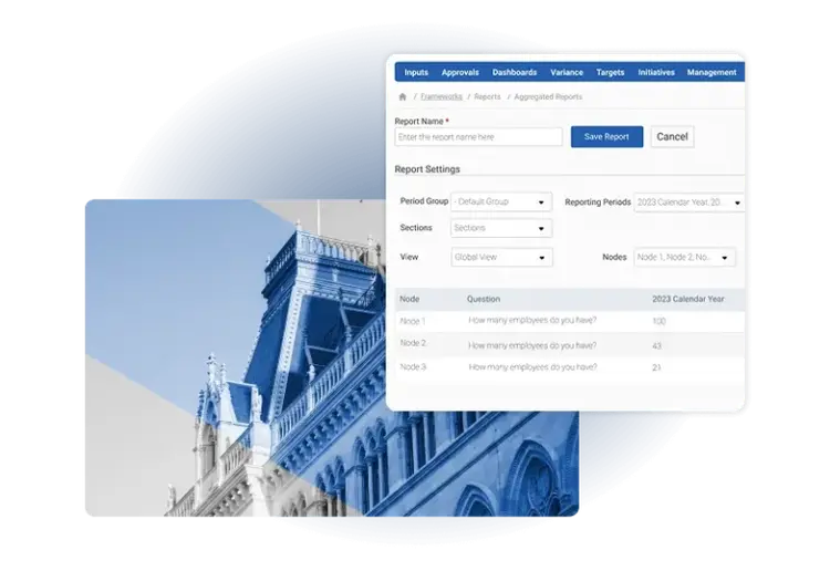 A partially faded blue-toned photo of a historic building is overlaid by a digital dashboard displaying Industial Hygiene Software report settings and employee data fields on a modern web interface.