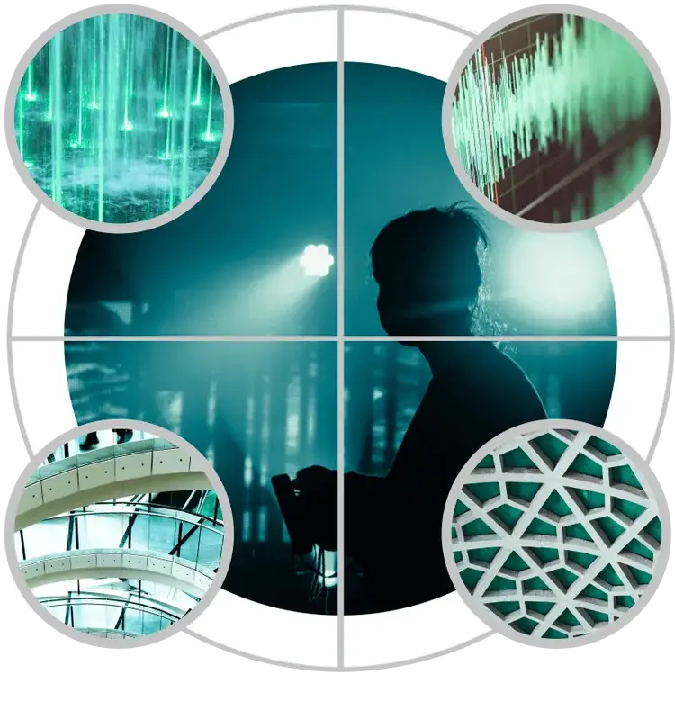 A silhouette of a person holding equipment is centered, surrounded by four circular images: green water streams, a soundwave, an arched glass ceiling, and geometric white lattice patterns—a visual tribute to the Cority Family Cohort on a white background.