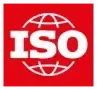 ISO logo: White letters ISO in bold on a red background, with a white outlined globe behind the text, representing the International Organization for Standardization.