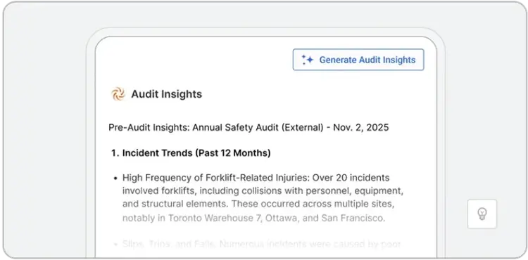 A computer screen displays a report titled Audit Insights, enhanced by EHS AI, with a section on Incident Trends noting forklift-related injuries. A button labeled Generate Audit Insights appears at the top right of the report.