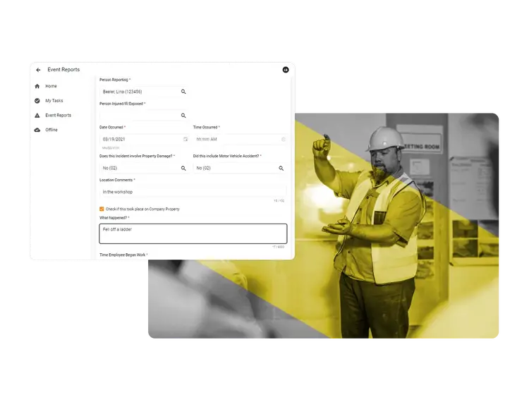 A digital event report form appears on the left, while on the right, a construction worker in a hard hat gestures with his hands. The yellow overlay highlights the integration of Behavior Based Safety Software in workplace safety management.