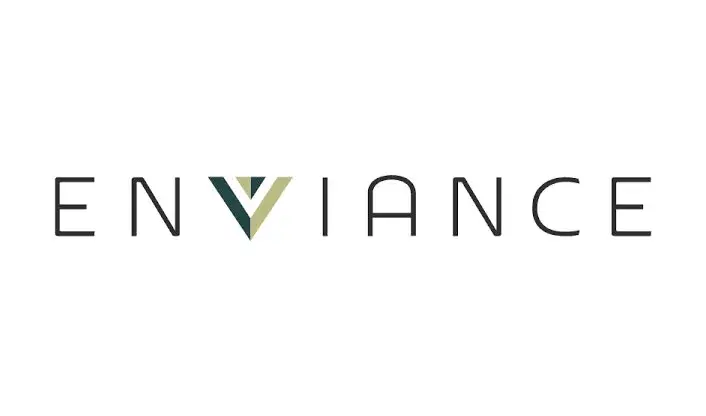 The word Enviance, a leader in EHS software by Cority Software, appears in a thin, modern font with a stylized triangular V in green and beige.