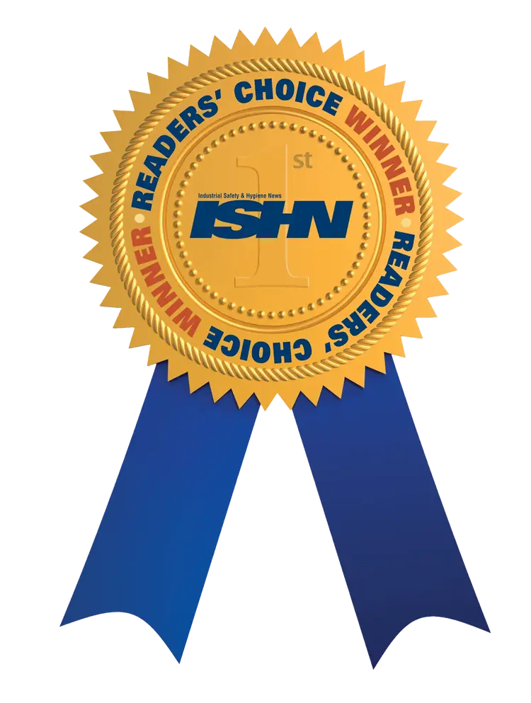 A gold award ribbon with serrated edges and blue ribbons hanging below, labeled “ISHN 1st” in the center and “Reader’s Choice Winner” in red and blue text around the edge.