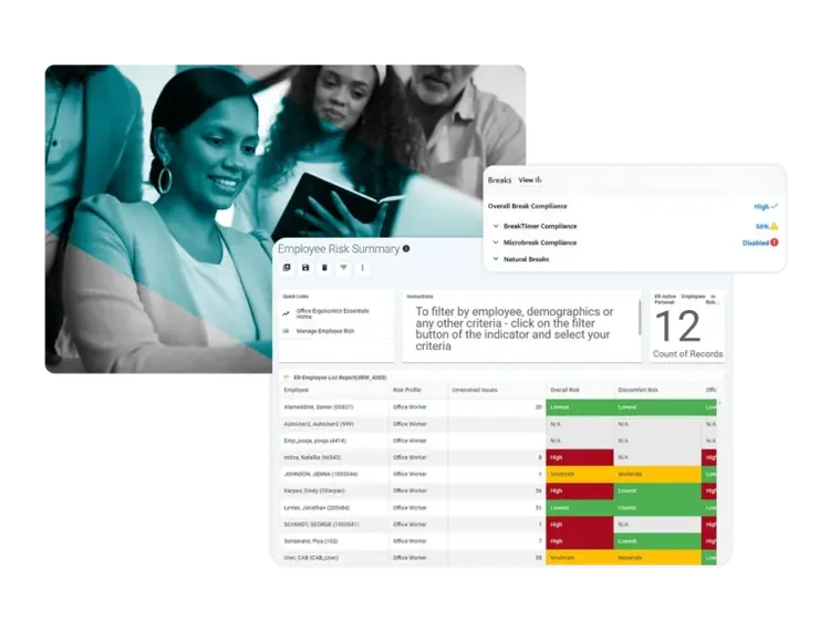 A woman smiles while working on a laptop with Ergonomic Software, overlaid by a screenshot of an employee risk summary dashboard displaying compliance indicators, risk levels, and a records table.