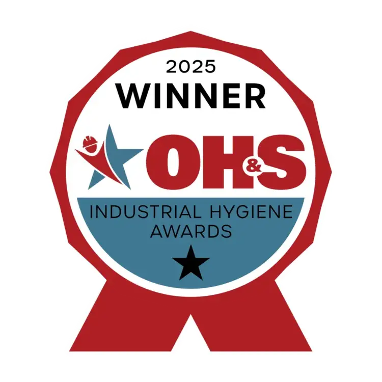 A circular red and blue badge reads 2025 Winner OH&S Industrial Hygiene Awards with a star and ribbon design, highlighting achievement in Industrial Ergonomics.