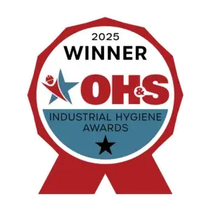 A circular red and blue badge reads 2025 Winner OH&S Industrial Hygiene Awards with a star and ribbon design, highlighting achievement in Industrial Ergonomics.