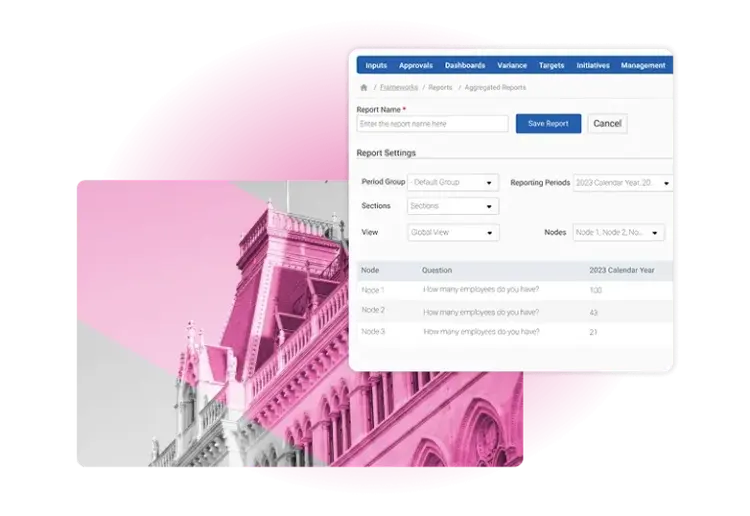 A screenshot of an ESG Tracking Software report generation interface overlays a pink-tinted architectural photo of a historic building. The interface includes fields for report name, period, section, view, and nodes, plus a list of survey questions below.