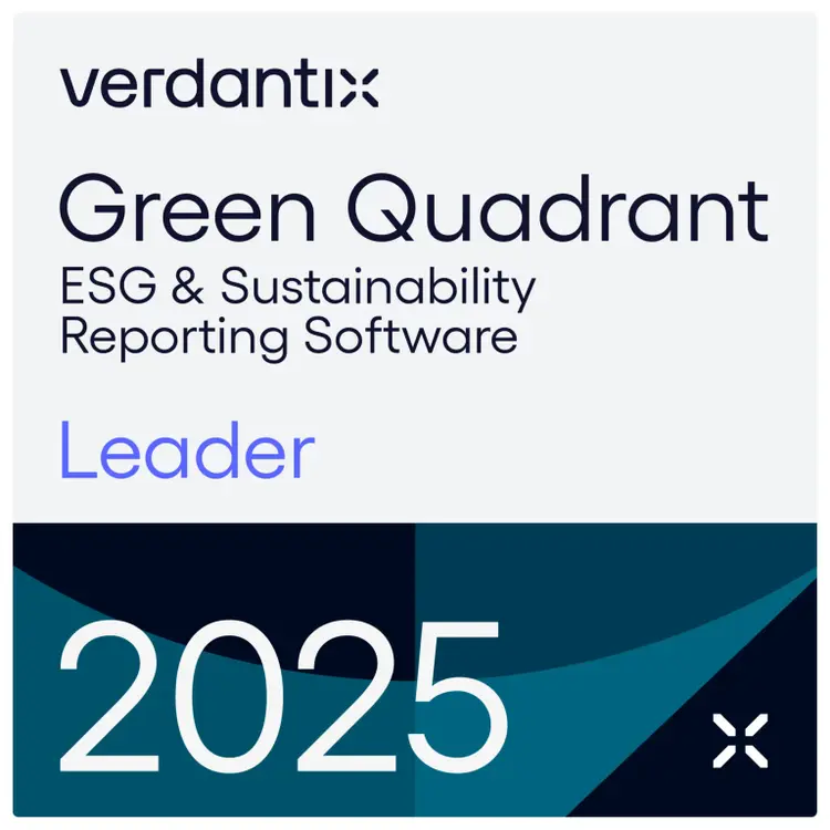 A badge reading verdantix Green Quadrant ESG & Sustainability Reporting Software Leader 2025 with geometric patterns in dark blue and teal at the bottom.
